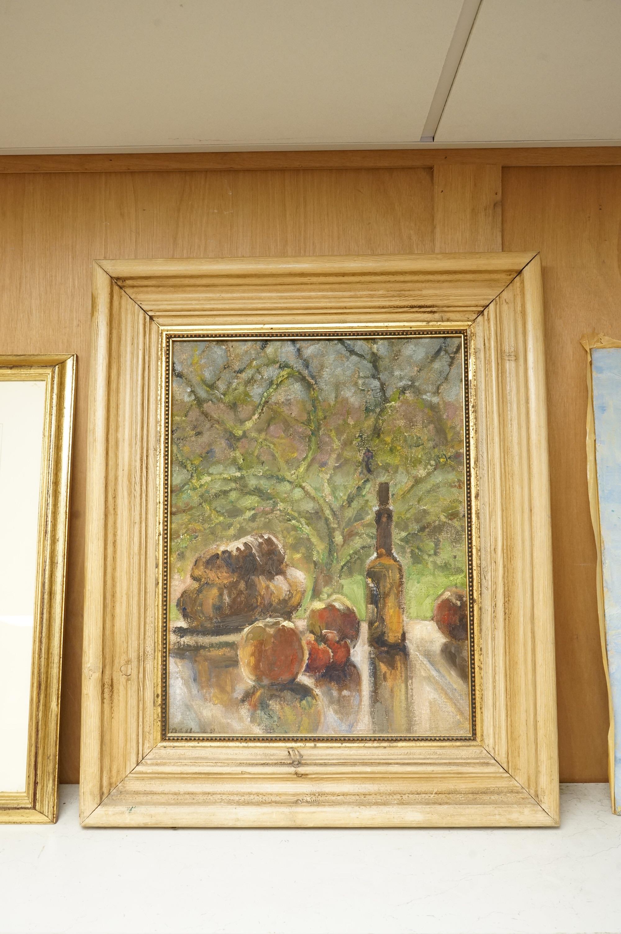 Pamela Howell (local artist), Still life of fruit and vessels, signed lower left, partially obscured by the frame, label verso, oil on board, 43 x 32cm